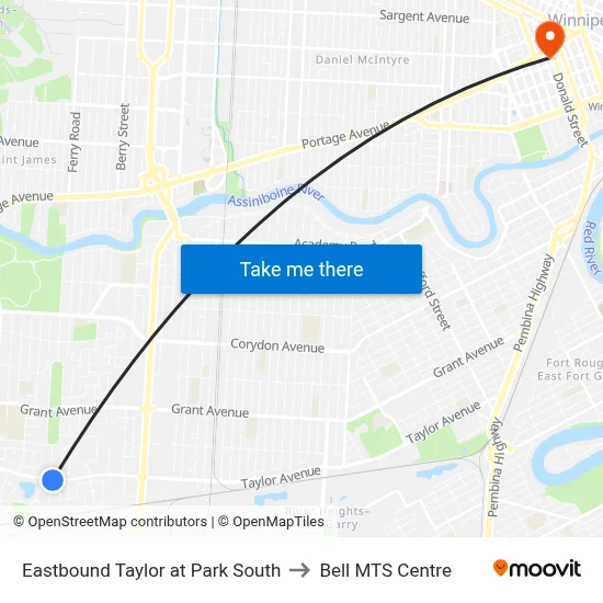 Eastbound Taylor at Park South to Bell MTS Centre map