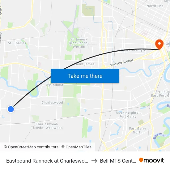 Eastbound Rannock at Charleswood to Bell MTS Centre map