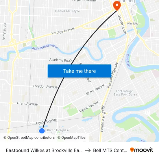 Eastbound Wilkes at Brockville East to Bell MTS Centre map