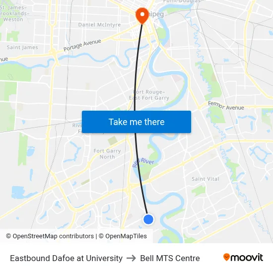 Eastbound Dafoe at University to Bell MTS Centre map