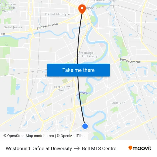 Westbound Dafoe at University to Bell MTS Centre map