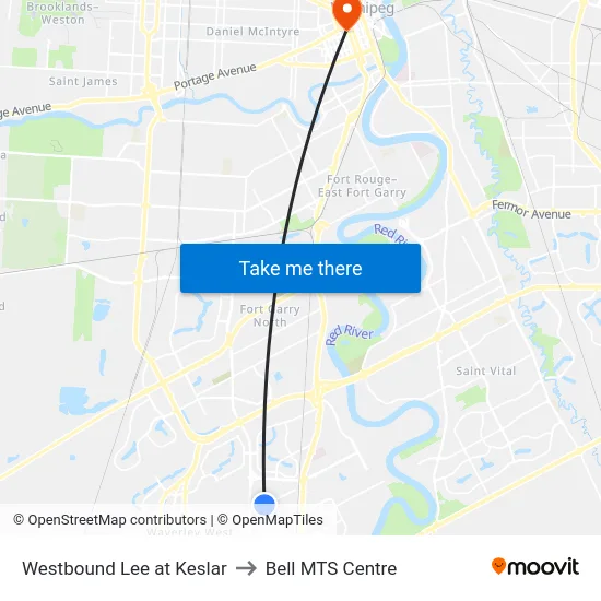 Westbound Lee at Keslar to Bell MTS Centre map