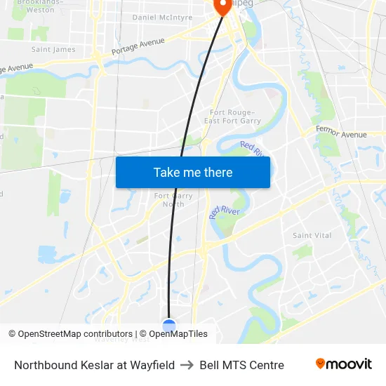 Northbound Keslar at Wayfield to Bell MTS Centre map