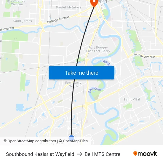 Southbound Keslar at Wayfield to Bell MTS Centre map