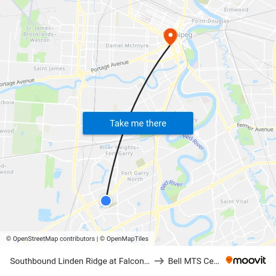 Southbound Linden Ridge at Falcon Ridge to Bell MTS Centre map