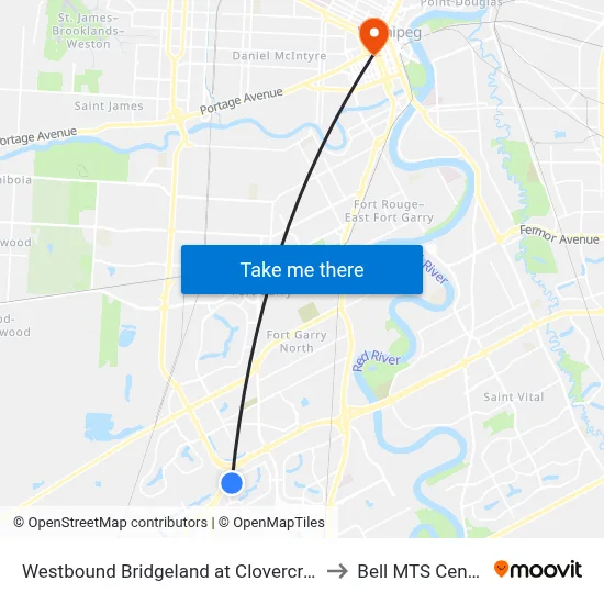 Westbound Bridgeland at Clovercrest to Bell MTS Centre map