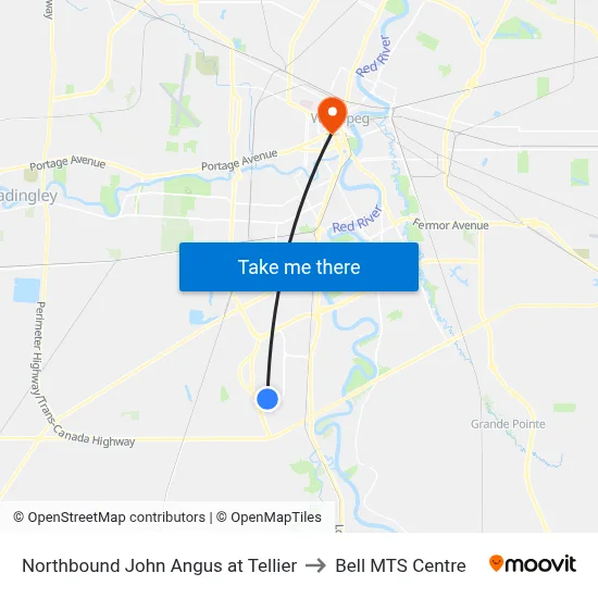 Northbound John Angus at Tellier to Bell MTS Centre map