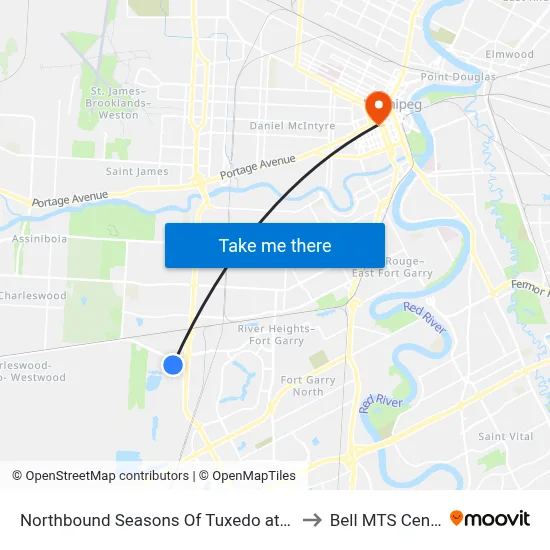 Northbound Seasons Of Tuxedo at Ikea to Bell MTS Centre map