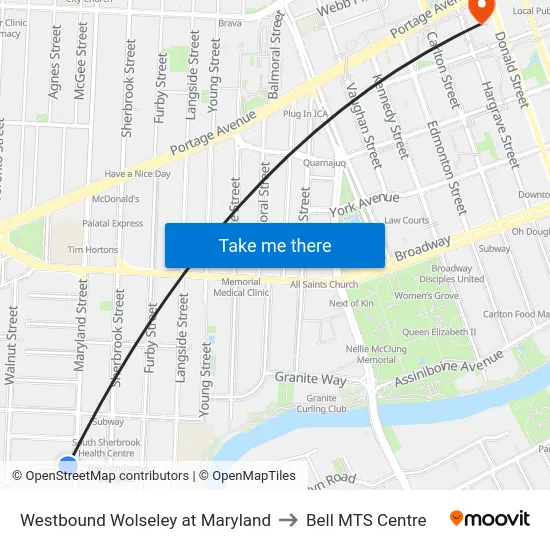 Westbound Wolseley at Maryland to Bell MTS Centre map