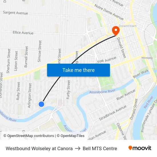Westbound Wolseley at Canora to Bell MTS Centre map