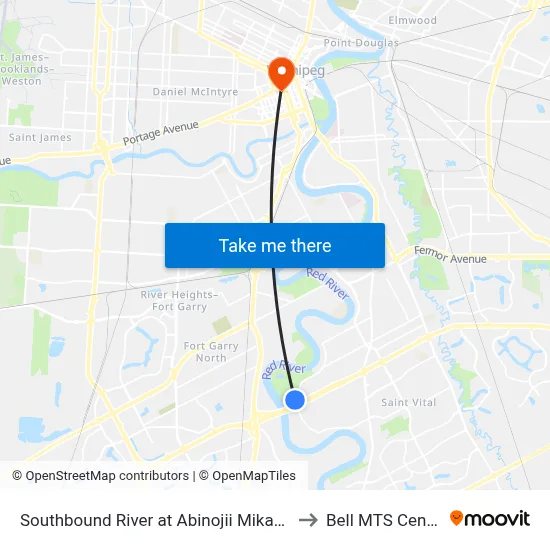 Southbound River at Abinojii Mikanah to Bell MTS Centre map