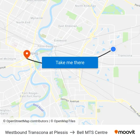 Westbound Transcona at Plessis to Bell MTS Centre map