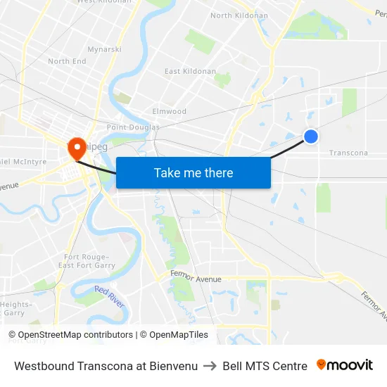 Westbound Transcona at Bienvenu to Bell MTS Centre map