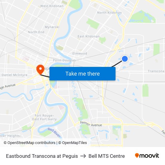 Eastbound Transcona at Peguis to Bell MTS Centre map