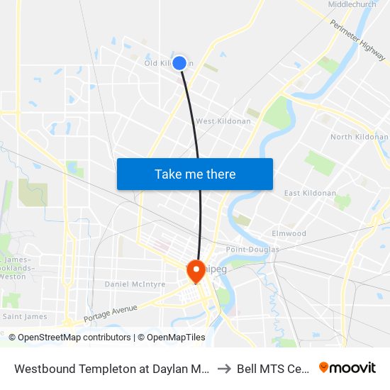 Westbound Templeton at Daylan Marshall to Bell MTS Centre map