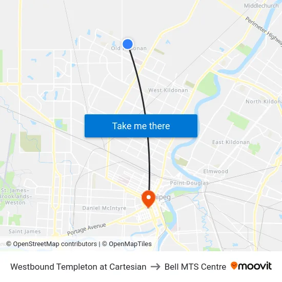 Westbound Templeton at Cartesian to Bell MTS Centre map