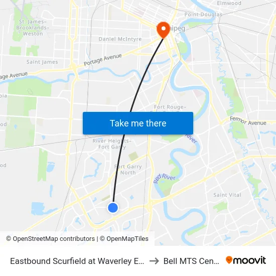Eastbound Scurfield at Waverley East to Bell MTS Centre map