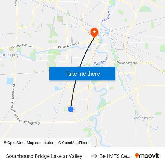 Southbound Bridge Lake at Valley Brook to Bell MTS Centre map