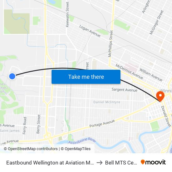 Eastbound Wellington at Aviation Museum to Bell MTS Centre map