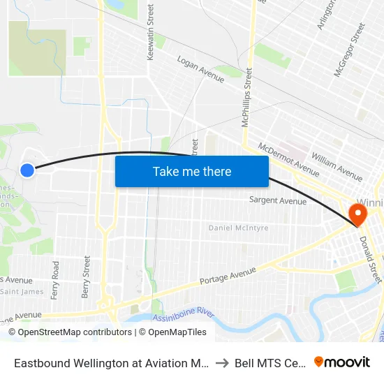 Eastbound Wellington at Aviation Museum to Bell MTS Centre map