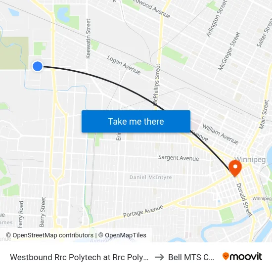 Westbound Rrc Polytech at Rrc Polytech (43) to Bell MTS Centre map