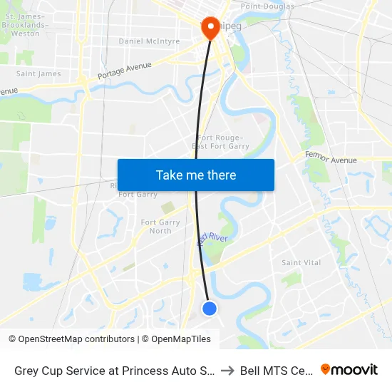 Grey Cup Service at Princess Auto Stadium to Bell MTS Centre map