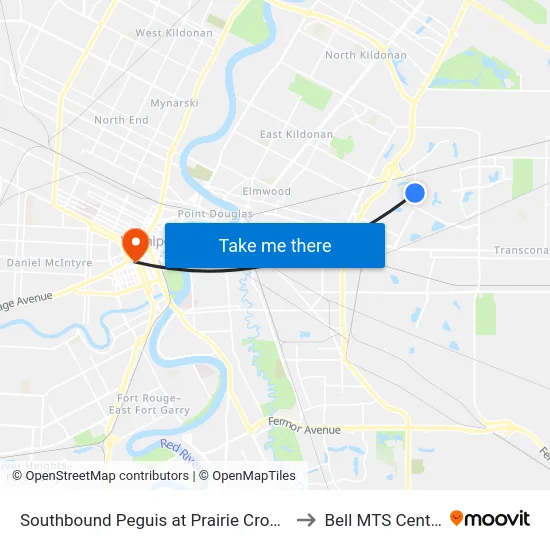 Southbound Peguis at Prairie Crocus to Bell MTS Centre map