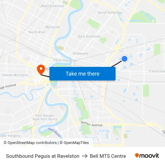 Southbound Peguis at Ravelston to Bell MTS Centre map