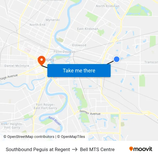 Southbound Peguis at Regent to Bell MTS Centre map