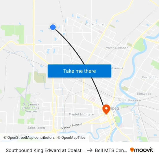 Southbound King Edward at Coalstone to Bell MTS Centre map