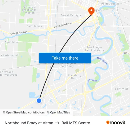 Northbound Brady at Vitran to Bell MTS Centre map