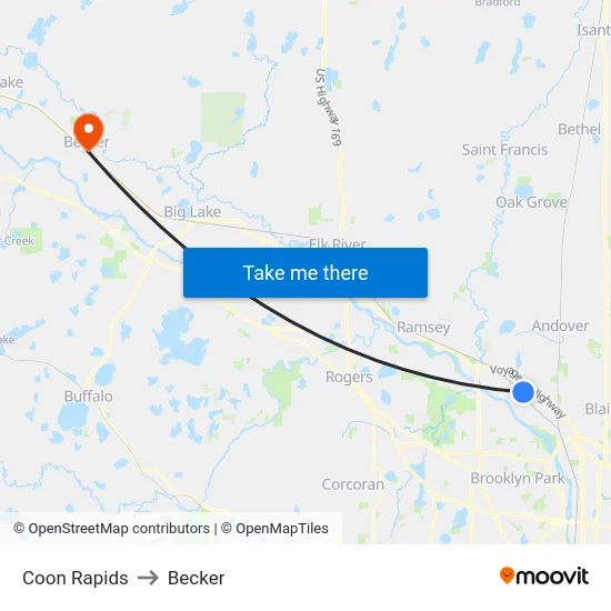 Coon Rapids to Becker map