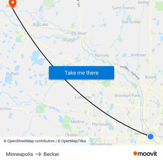 Minneapolis to Becker map