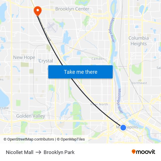 Nicollet Mall to Brooklyn Park map