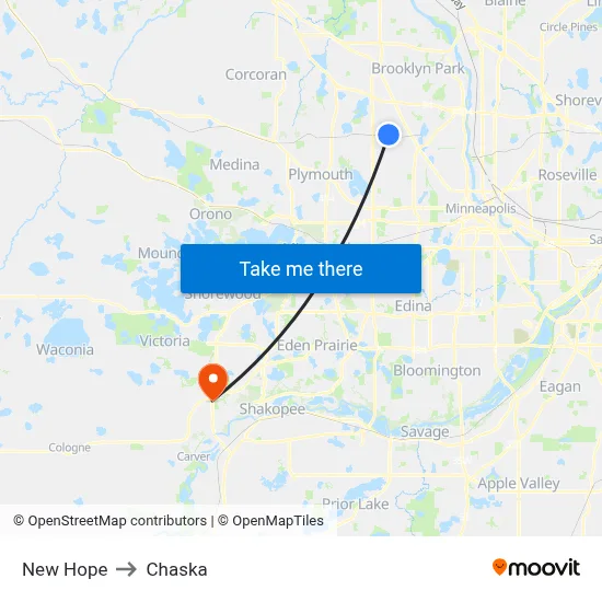 New Hope to Chaska map
