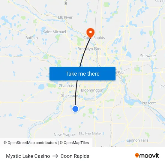 Mystic Lake Casino to Coon Rapids map