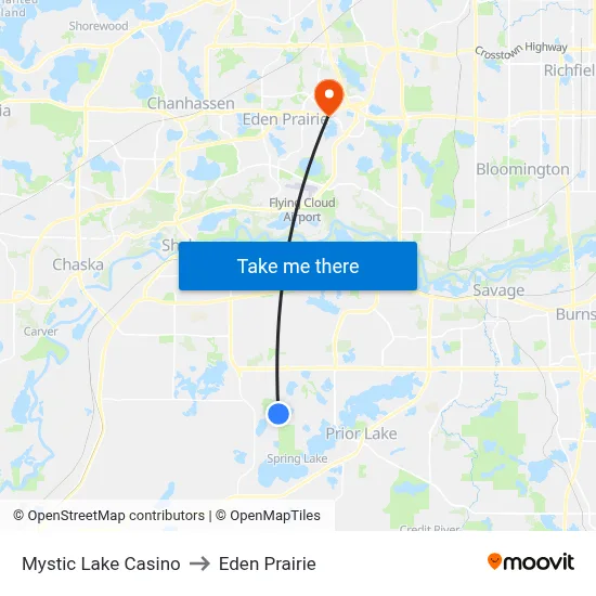 Mystic Lake Casino to Eden Prairie map