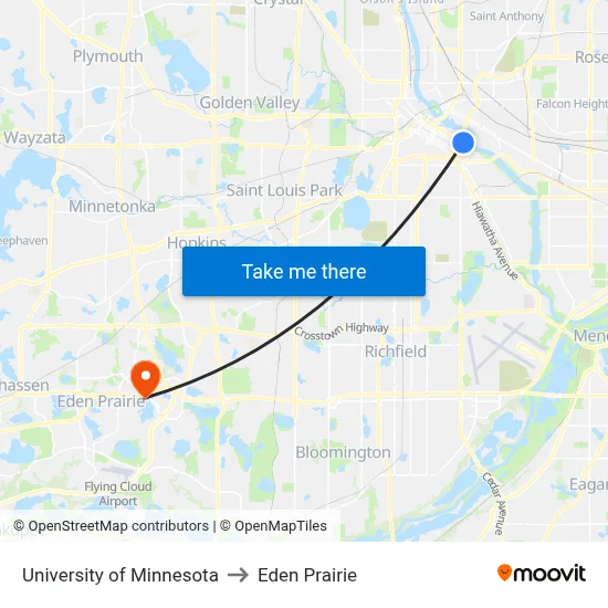 University of Minnesota to Eden Prairie map