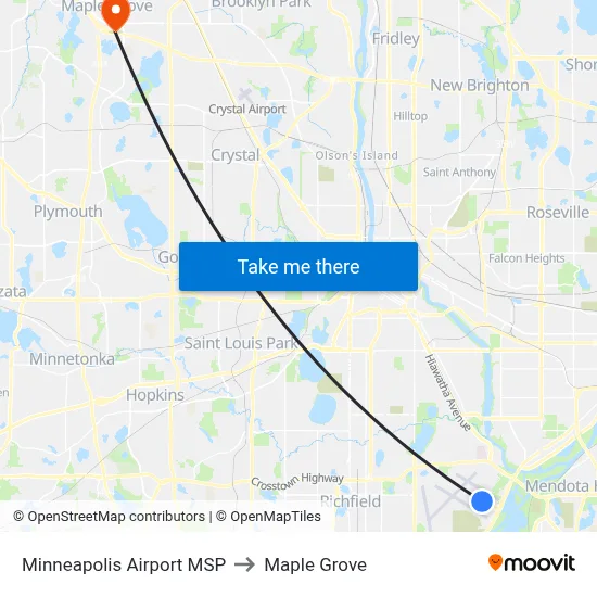 Minneapolis Airport MSP to Maple Grove map
