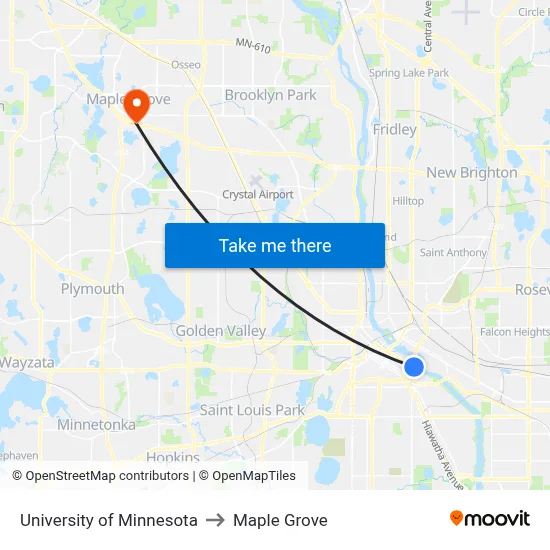 University of Minnesota to Maple Grove map
