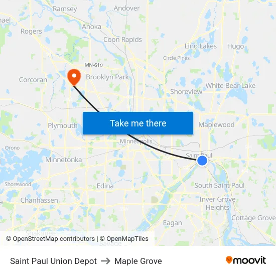 Saint Paul Union Depot to Maple Grove map