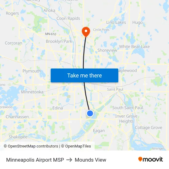 Minneapolis Airport MSP to Mounds View map