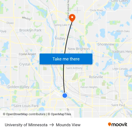 University of Minnesota to Mounds View map