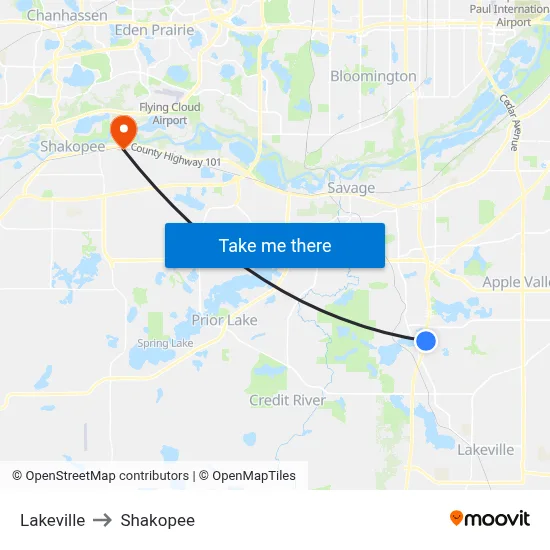Lakeville to Shakopee map