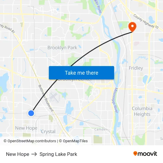 New Hope to Spring Lake Park map