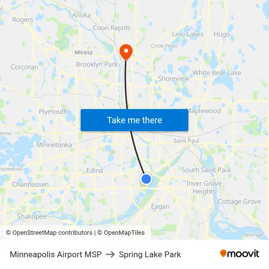 Minneapolis Airport MSP to Spring Lake Park map