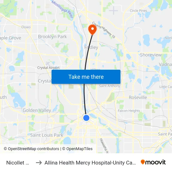 Nicollet Mall to Allina Health Mercy Hospital-Unity Campus map