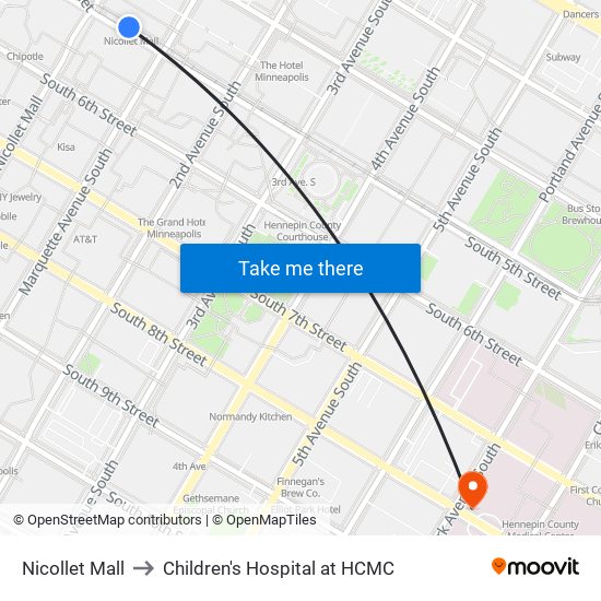 Nicollet Mall to Children's Hospital at HCMC map