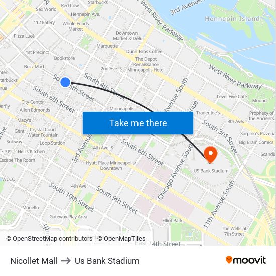 Nicollet Mall to Us Bank Stadium map