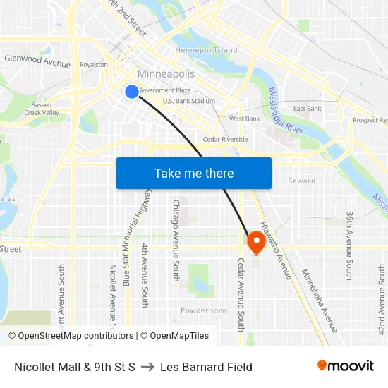 Nicollet Mall & 9th St S to Les Barnard Field map